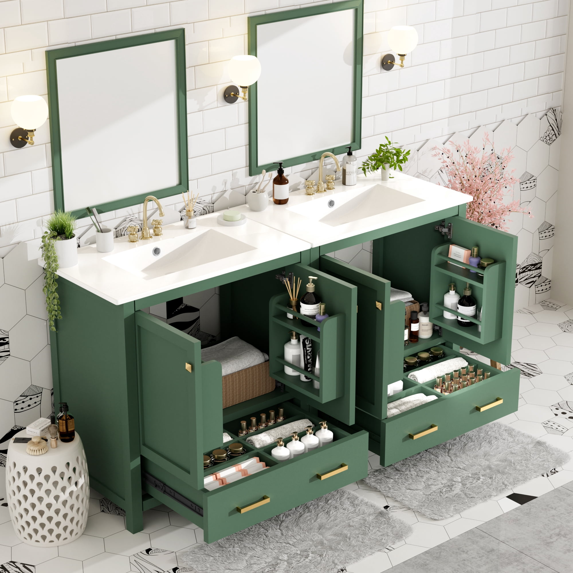 Euroco 60" Green Bathroom Vanity Set with Double Vanities (Separate), Double Ceramic Sinks, Storage Shelf, and Divided Drawers (Mirror not included)– Modern Bathroom Solution for Spacious Bathrooms
