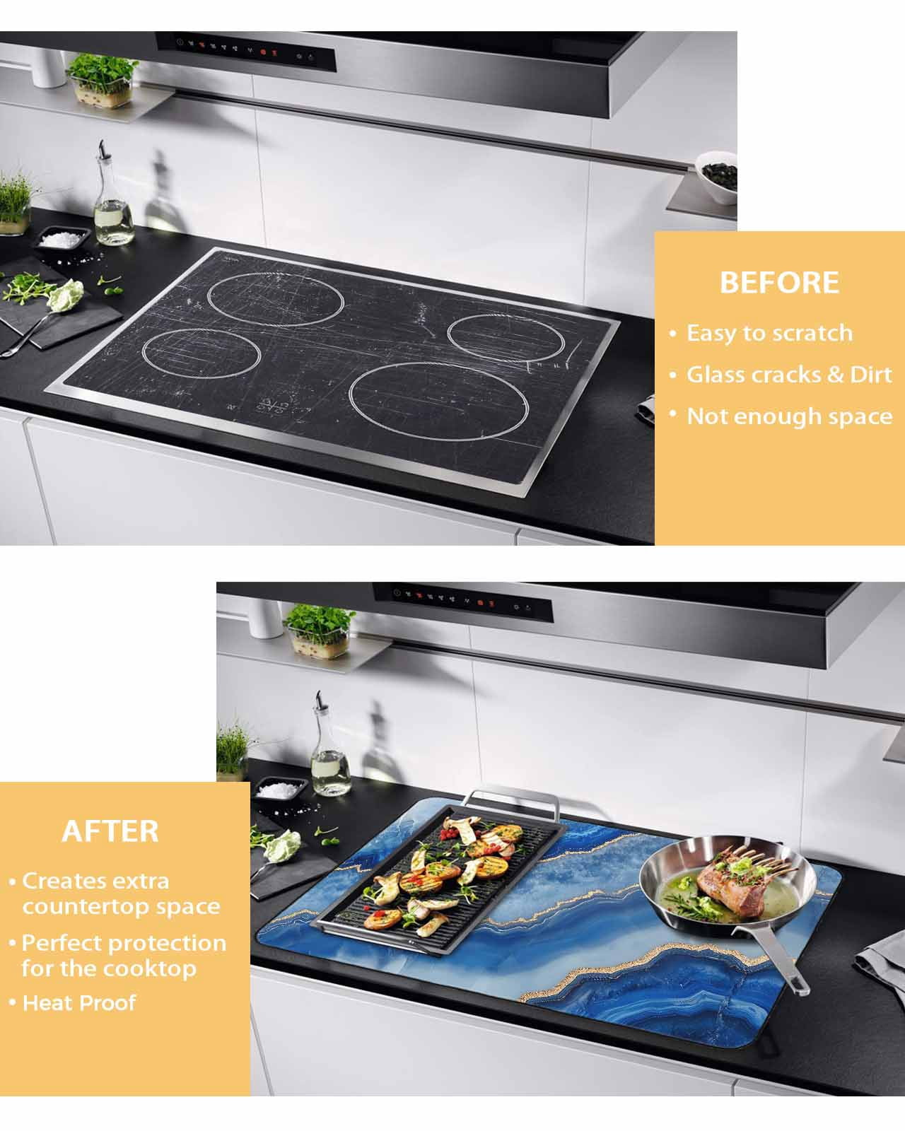 nqOlkjepod Large Induction Cooktop Protector Mat 28.5"x20.5", Blue Marble Stove Top Covers for Electric Stove, Modern Luxury Granite Surface Motif Sketch Stove Burner Cover Mats Stove Cover