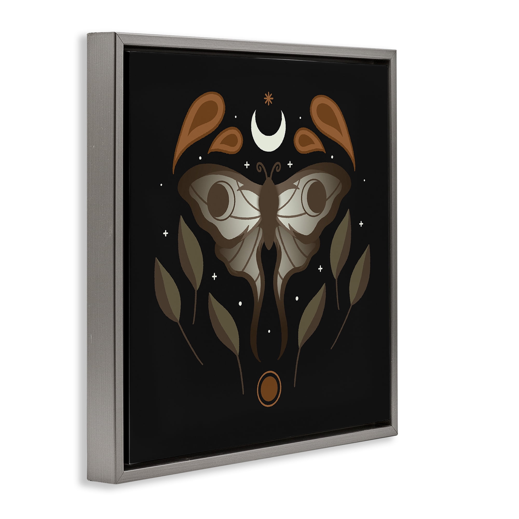 Stupell Industries Celestial Moth & Leaf Sprigs Animals Painting Gray Floater Framed Canvas Art Print Wall Art, 25 x 25