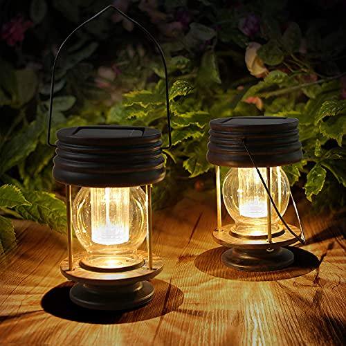 pearlstar Lanternes Solaires Extérieures Suspendues avec Poignée pour Allée, Cour, Patio, Jardin, Décoration, Lampe de Table Solaire Étanche, 2 Pack 5.5"H (Lumières Chaudes)