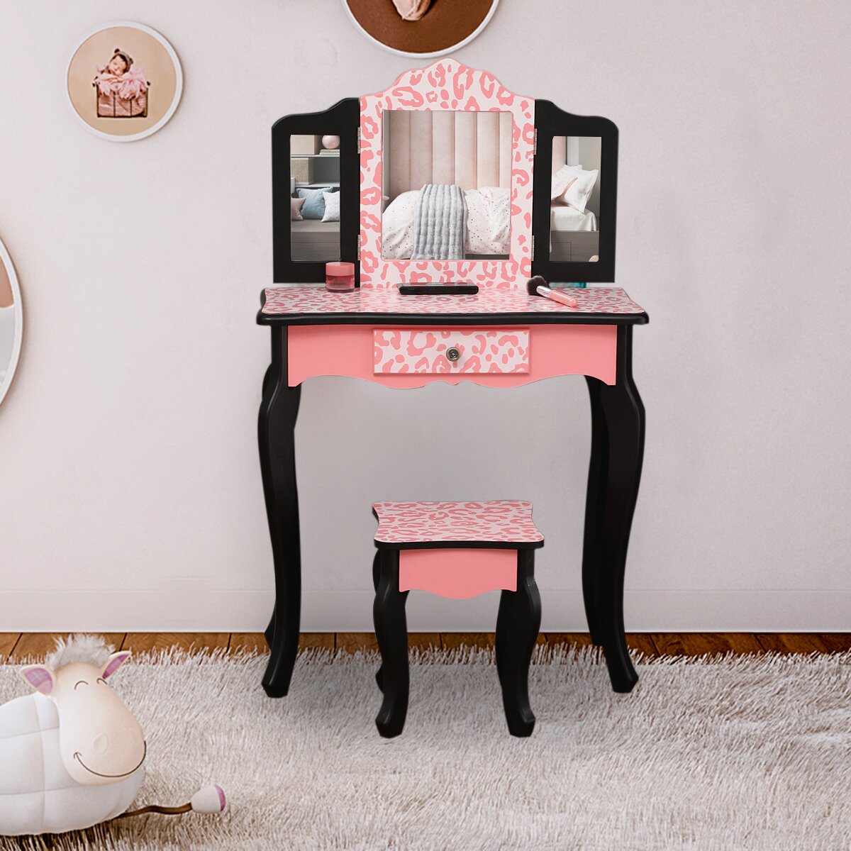 Jerrod Kids Vanity Set with Stool and Mirror, Standing Mirror Included