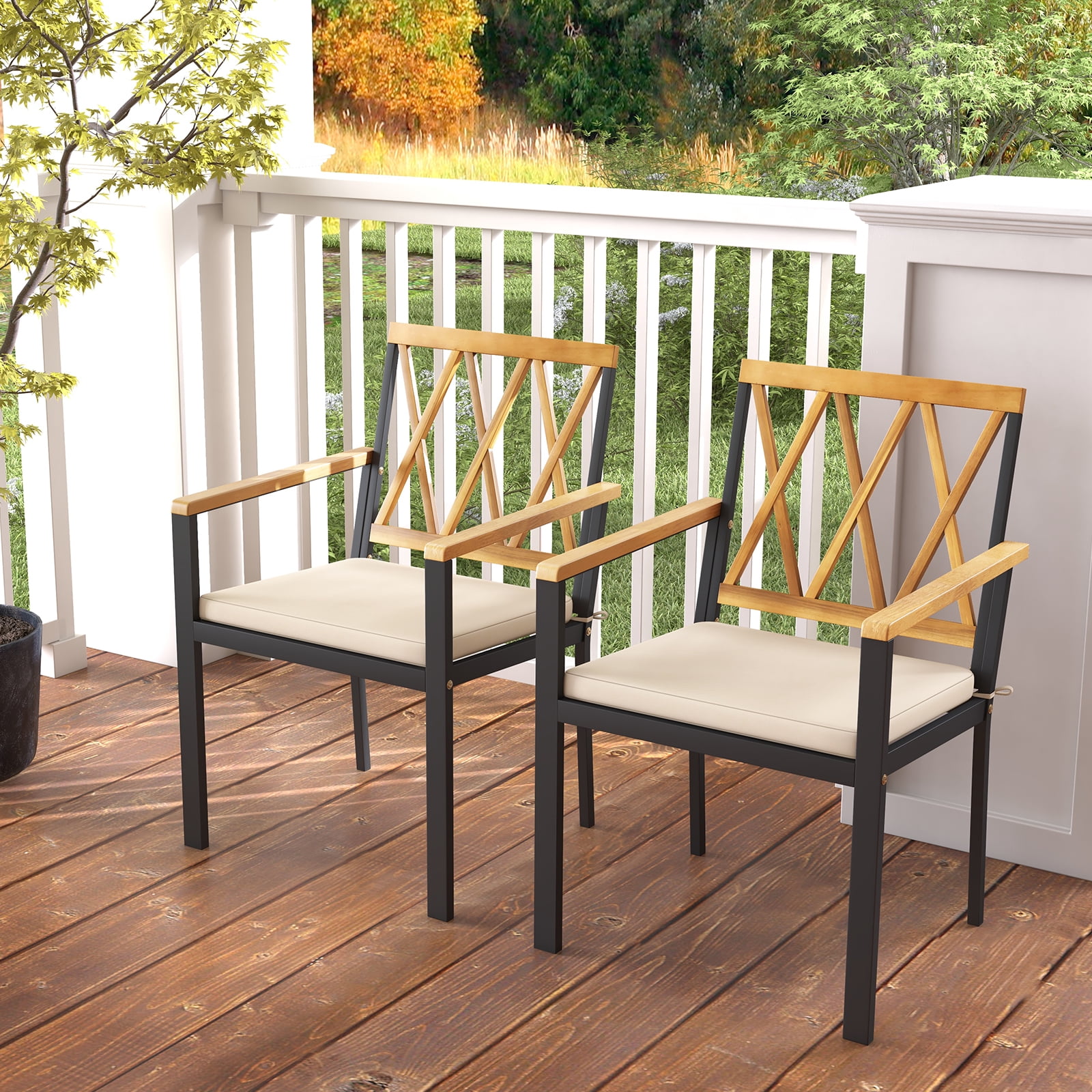 Gymax Patio Dining Chairs Set of 2 Metal Outdoor Chairs w/ Removable Padded Cushions