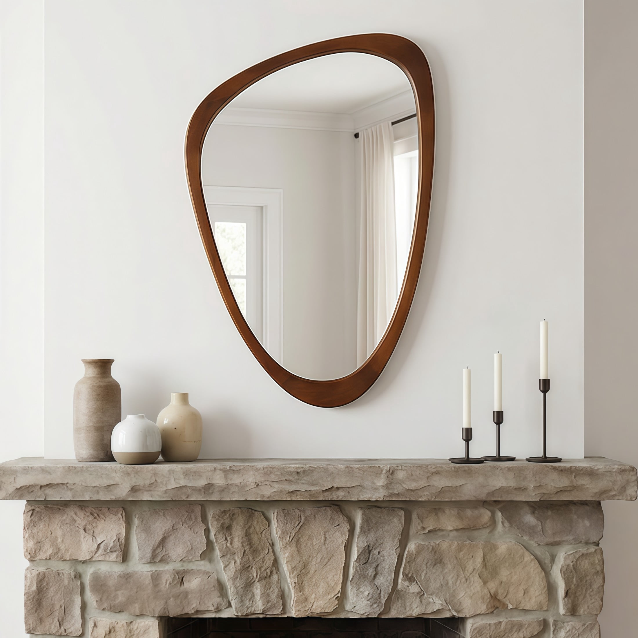 Noble House 20"x30" Irregular Solid Wood Wall Mirror, Modern Asymmetric Decorative Accent Bathroom Mirror, Walnut