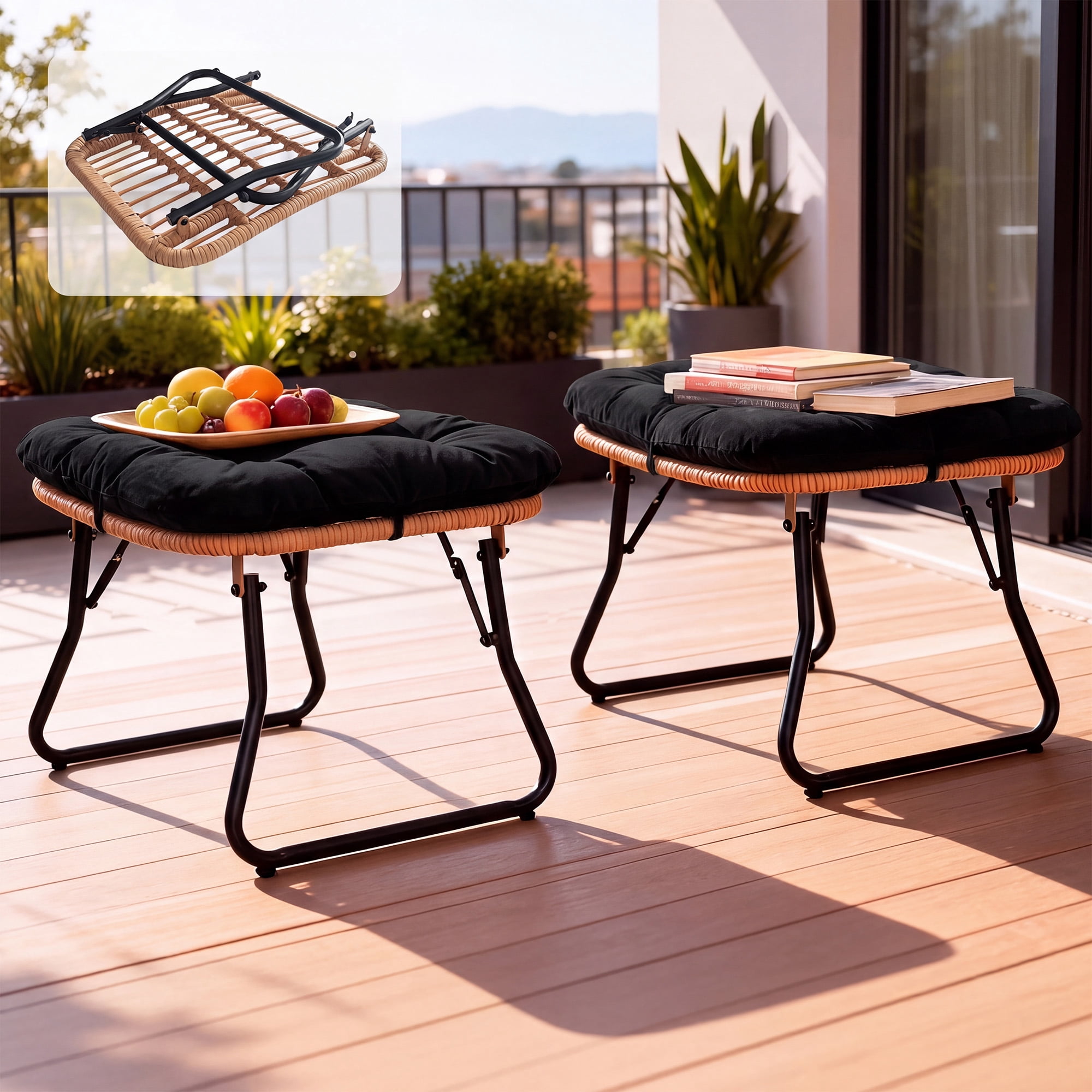 Tappio Foldable Ottoman Stools Set of 2, All Weather Wicker Footstool with Cushion and Non-Slip Pads, Outdoor Seating Footrest for Bedroom, Living Room, Porch, Balcony, Black
