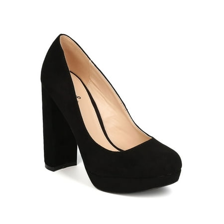 Faux Suede Platform Pump - New Women Qupid Ragena-01 Faux Suede Round Toe Platform Chunky Heel Pump