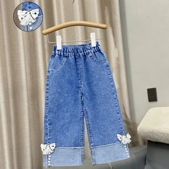 Hurxie Girl's Jeans Baggy Wide Straight Leg High Elastic Waisted Denim Pants Y2k Kid Blue,2-3 Years