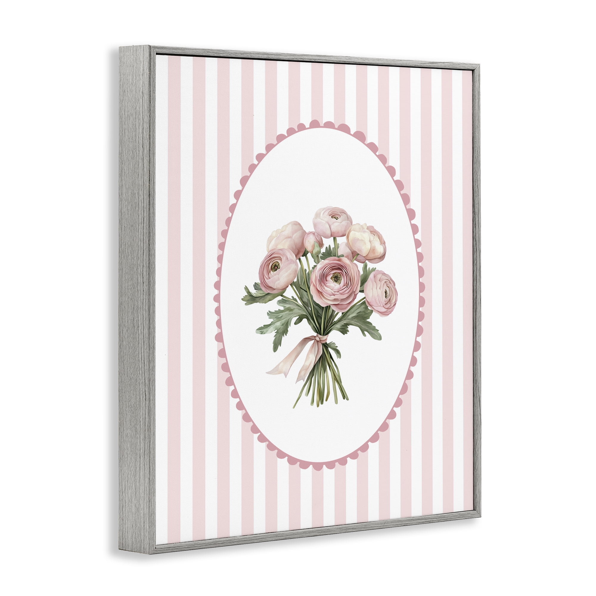 Peony Bouquet on Gentle Stripes Gray Framed Giclee Art, design by Christine Simpson Art