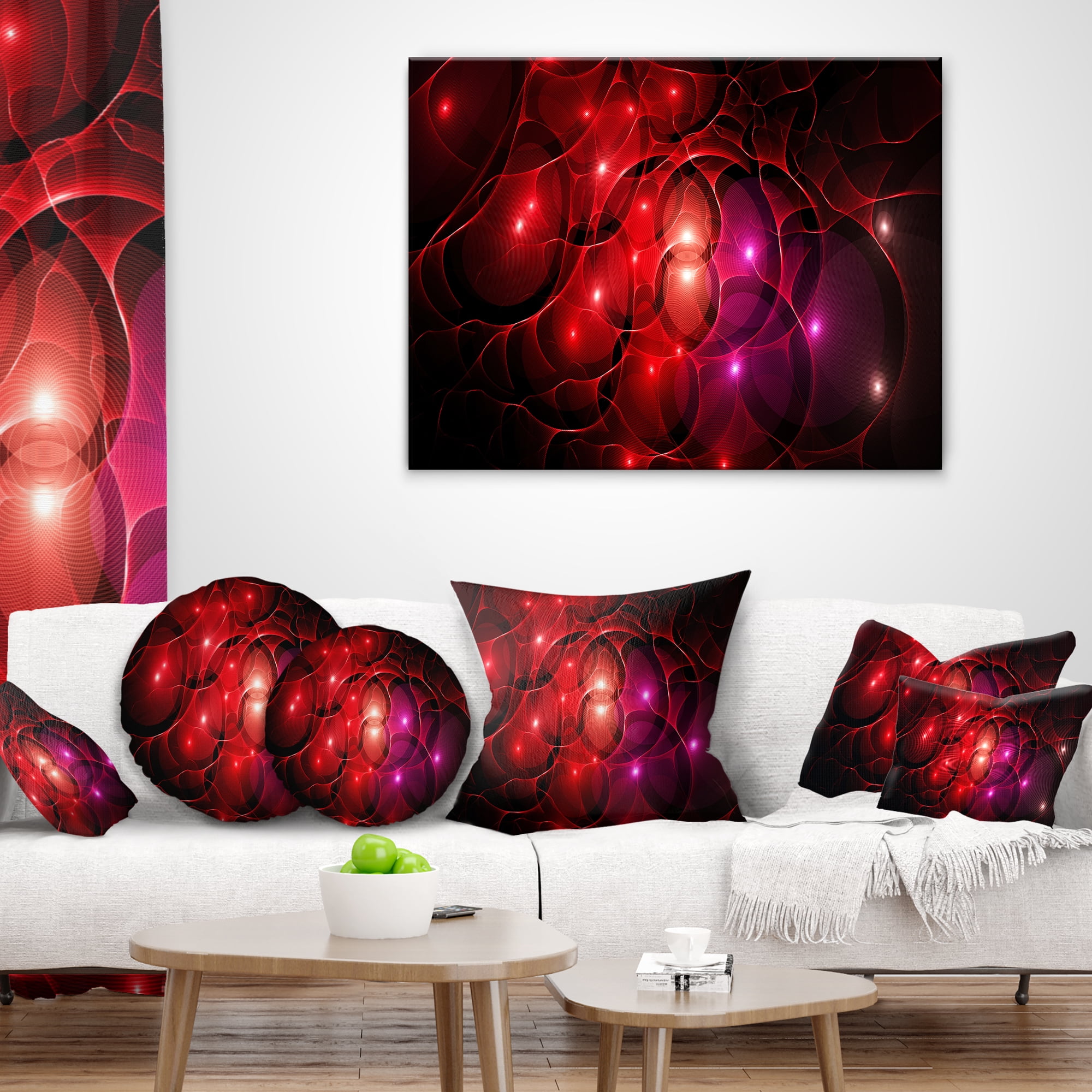 Designart Red Fractal Space Circles - Abstract Throw Pillow - 12x20