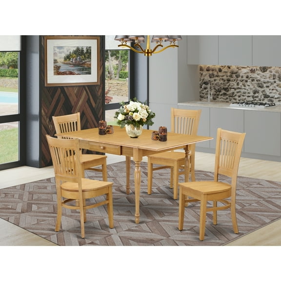 Vintage Dining Table Set - 5 Piece Solid Wood Table & 4 Chairs - Drop Leaf Kitchen Table Set, Oak Finish