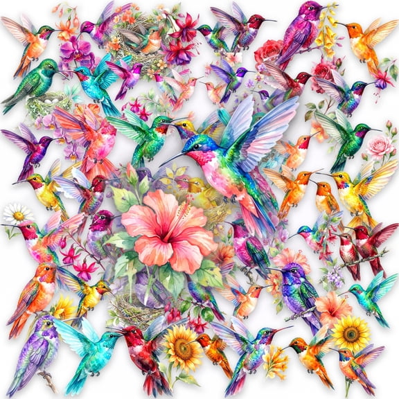 50 PCS Watercolor Hummingbird Flower Stickers, Waterproof Clear PET Floral Bird Decals for Water Bottle Laptop Notebook Scrapbook, Aesthetic Stickers for Women Teens Girls
