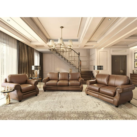 Leather Living Room Set - 3 Piece Sofa, Loveseat, Chair - Antique Style Furniture