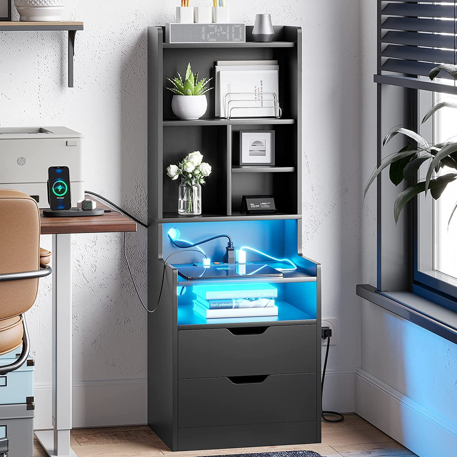 Toogaho Tall Nightstand with LED Lights and Charging Station,Nightstand with Shelves and 2 Drawers, Bedside Table with Bookshelf, Tall Side End Table with Storage,Black
