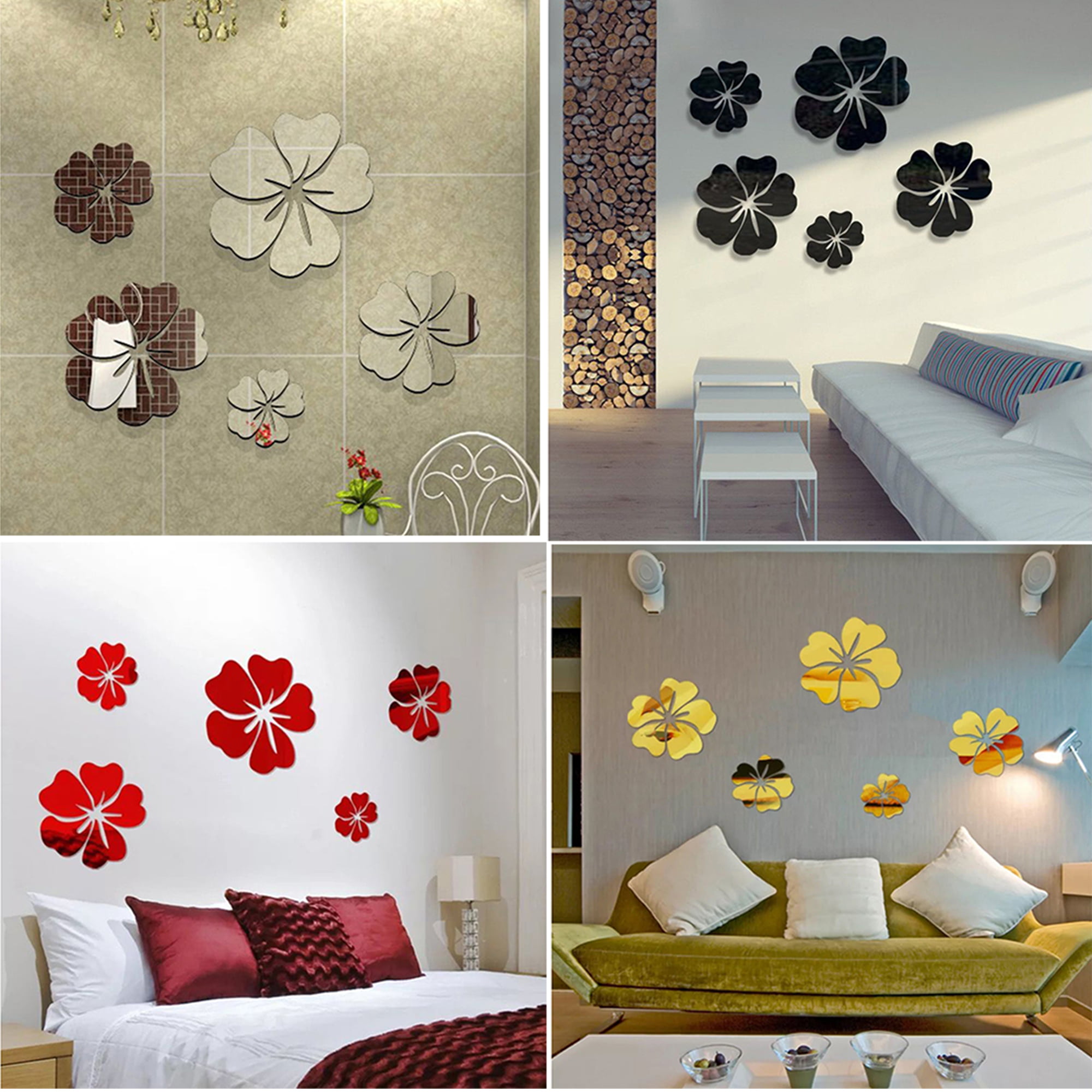 5pcs Flower Wall Mirror Sticker 3D Removable Art Mural Decal DIY Dining Room Bedroom Kitchen