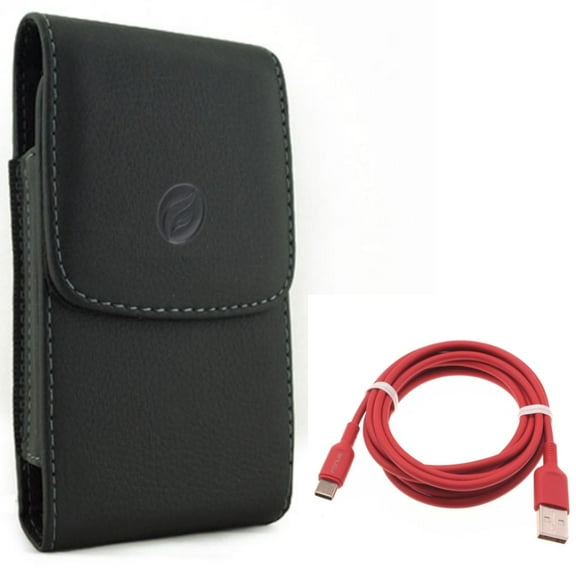 Red 6ft USB-C Cable w Leather Case Belt Clip for Samsung Galaxy A53 5G,A33 5G Phones - Charger Cord Power Wire Type-C, Holster Cover Pouch Vertical