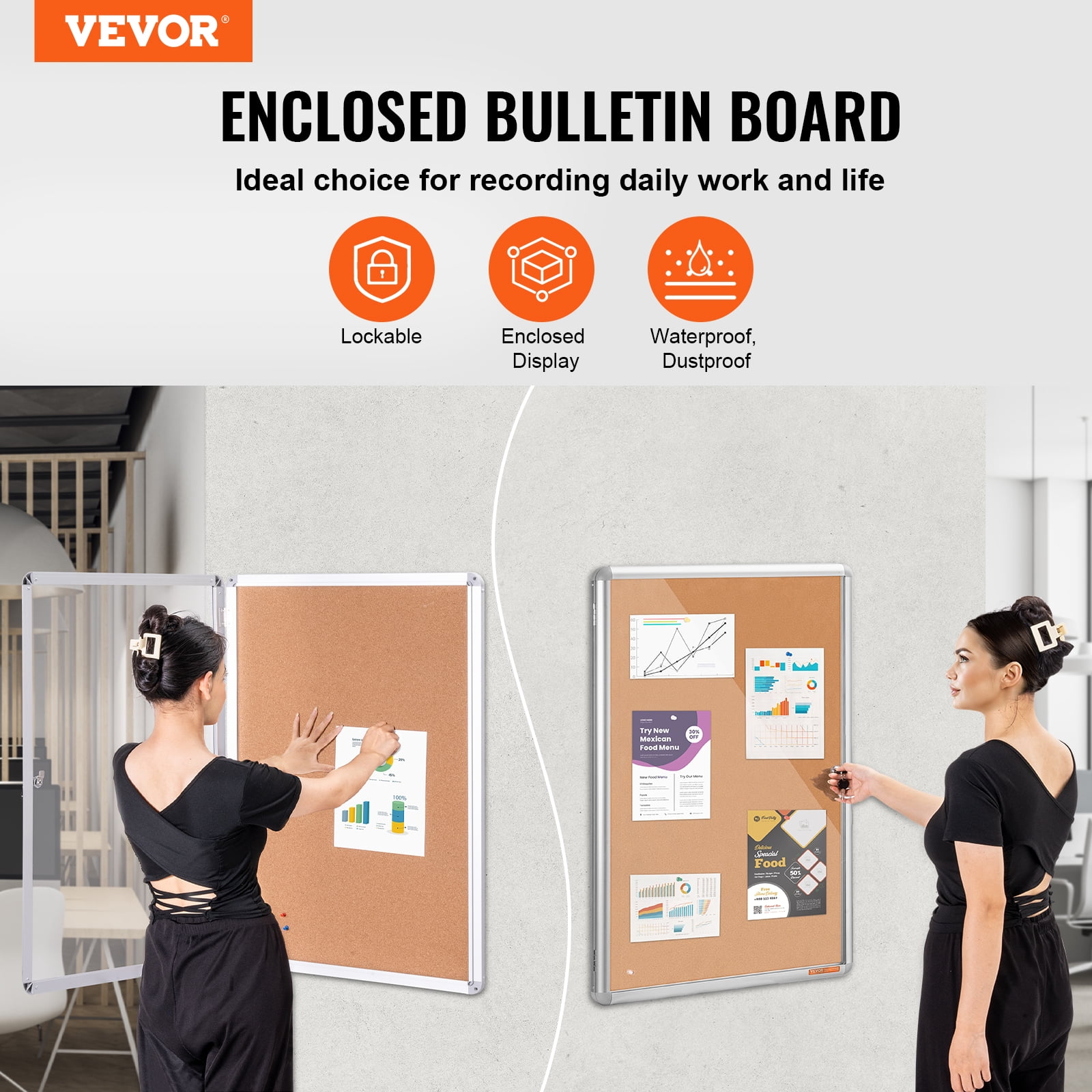 VEVOR 36"x24" Enclosed Cork Board with Aluminum Frame – Lockable Bulletin Board with Acrylic Door & 2 Keys – Weather-Resistant Wall Display Case for School, Home, Office