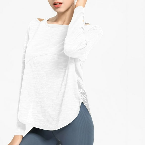 Xysaqa Women's Long Sleeve Sun Protection Shirts Lightweight Breathable Workout Tops for Women Casual Loose Cold Shoulder T-Shirts for Running Gym Fitness White