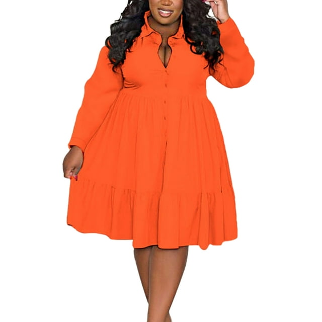 Bellella Robe pour Femme Grande Taille Longueur Genou Robes Manches Longues Ample Col à Revers Vacances Orange Rouge 5TG