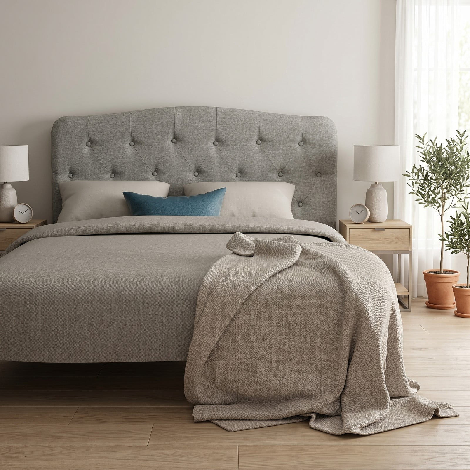 Furnibear Faux Linen Upholstered Full Size Headboard with Diamond Button Tufting and 2 Adjustable Heights for Bedroom and Guest Room, Light Gray