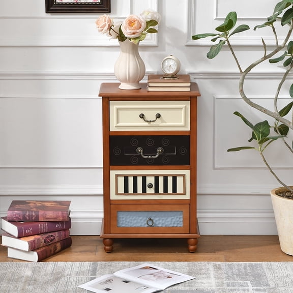 Vintage Accent Cabinet with 4 Mixed Pattern Drawers, Decorative Storage Cabinet Nightstand for Bedroom, Living Room or Entryway, Ideal for Small Spaces