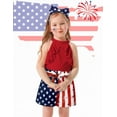 thumbnail image 3 of Toddler Girl Clothes Summer Silk Scarf Sets Sleeveless T-shirt Top+Stripe Shorts+Headband 3Pcs Set, 3 of 7