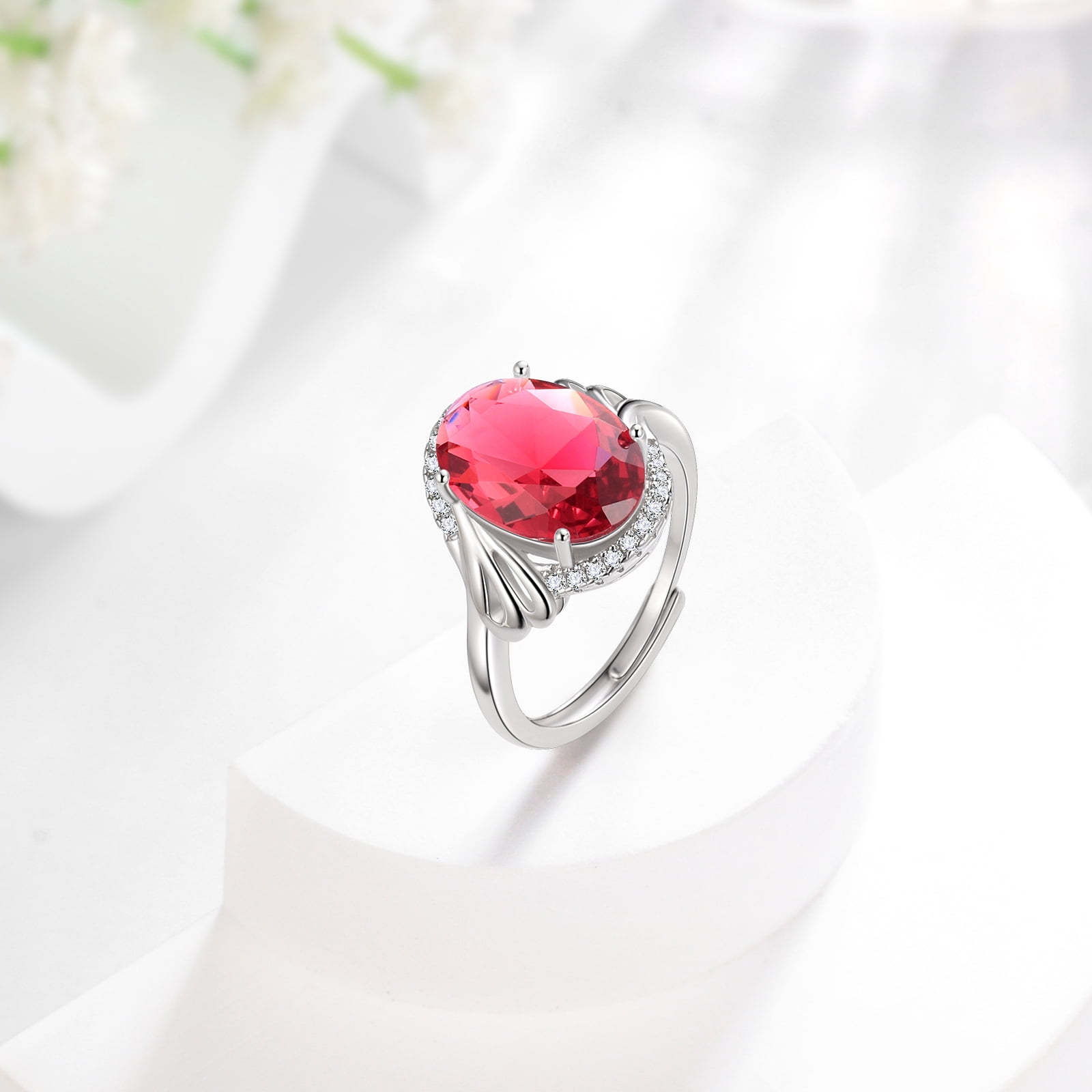 Juwaliy 8Ct Oval Ruby Women Ring 925 Sterling Silver Halo July Birthstone Red Band Jewelry Mother Grandma Birthday Xmas Valentine's Day Gift