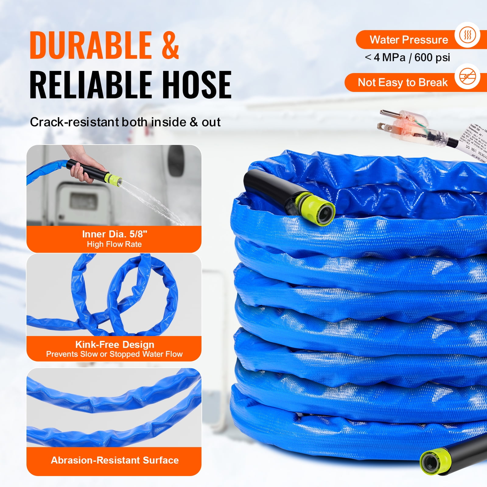VEVOR 50ft Heated Water Hose for RV, Heated Drinking Water Hose with Corrugated Cover Antifreeze to -45°F, Automatic Self-regulating, 5/8" I.D. with 3/4" GHT Adapter, Lead and BPA Free