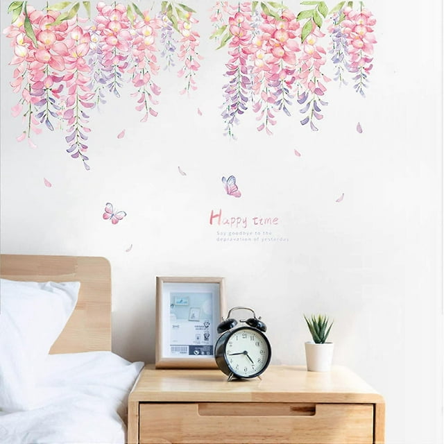 SZTXJ Removable PVC Wall Stickers Hanging Wisteria Flower Leaves Peel and Stick Wall Decor for Bedroom Living Room (1 Set)
