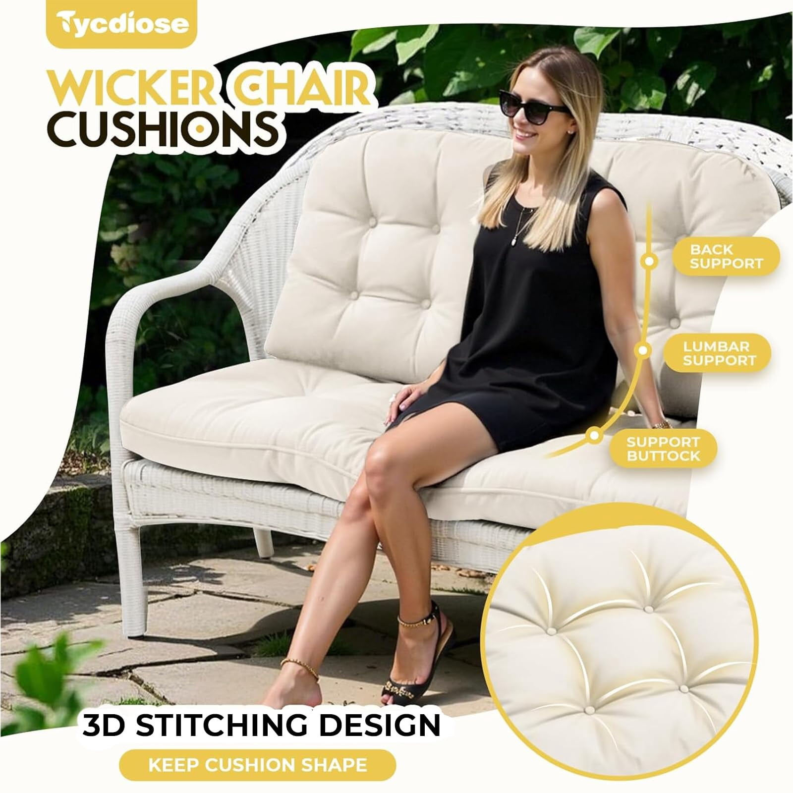 All Weather Wicker Chair Cushions of 3 Pieces, Waterproof Outdoor Wicker Chair Cushion for Patio Furniture Loveseat Settee Bench, 1 Loveseat and 2 U-Shaped Thickened Cushions, Grey