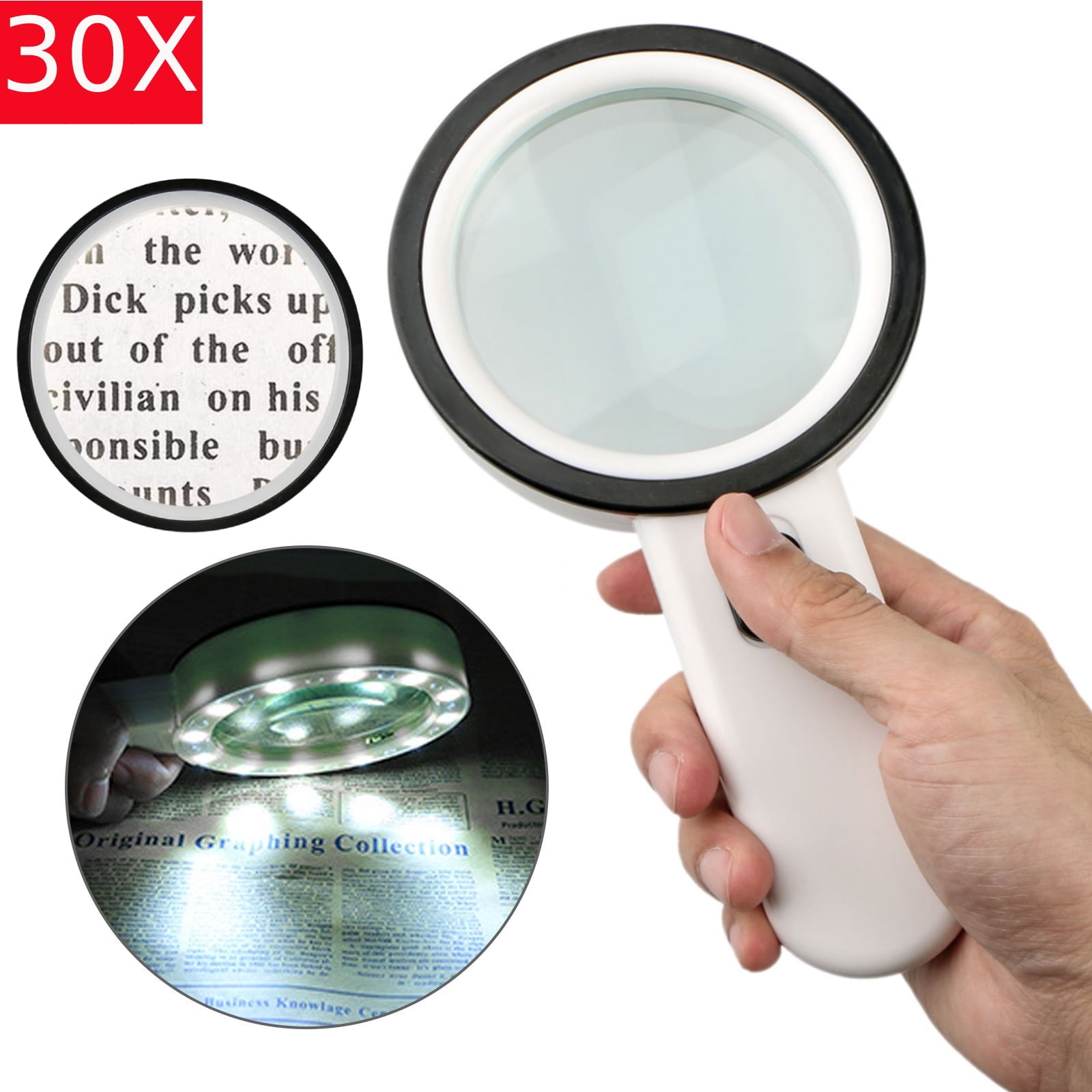 4 Dia Large Round Lens Lighted Handheld Premium Loupe EasY Magnifier Magnifying Glass 2X 4X with Very Bright 12LED Lights Best Magnifier 3 