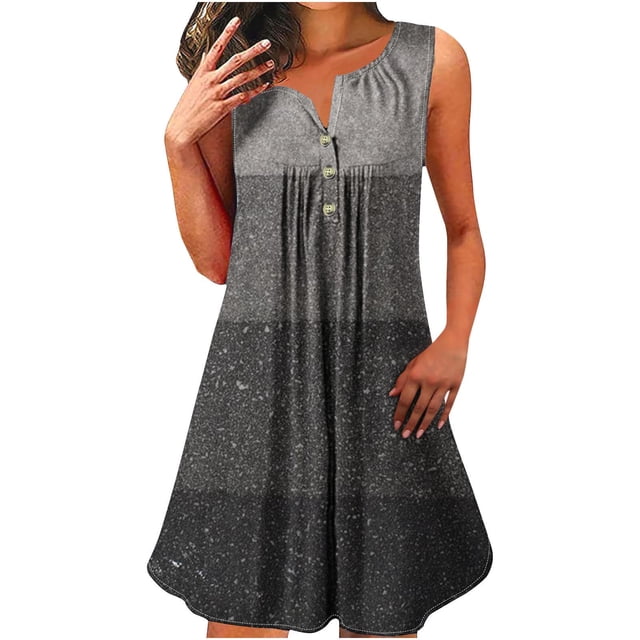 BEFOKA Robe Grande Taille pour Femmes, Robe d'Été en Liquidation pour Femmes, Robe Sans Manches à Col Rond Imprimé Coloré avec Boutons