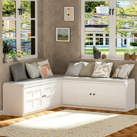 L-Shape Storage Bench With Cushion, With Storage Space For Entryway For Dining Room, Kitchen, Entryway