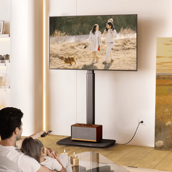 FITUEYES Modern Black Swivel Floor TV Stand for TVs up to 70 inch Metal Base with Power Strip Mount