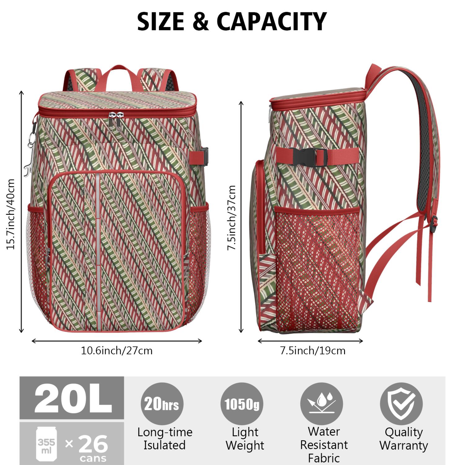 Travel Cooler Bag - Red and Green Christmas Striped Pattern Camping Beer Cooler Backpack with Bottle Opener- Waterproof Insulated Picnic Backpacks - Cooler Bag for Beach