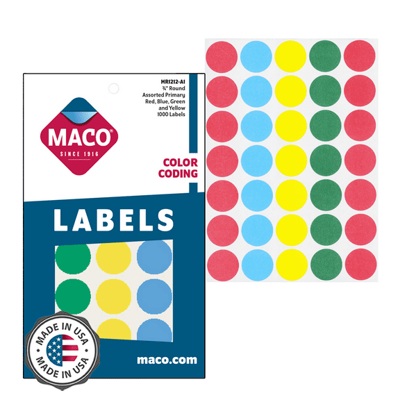 MACO 3/4" Dia. Assorted Primary Round Color-Coding Labels, 1000 per Box