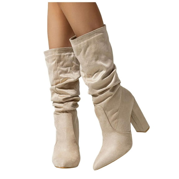 Slouchy Mid Calf Dress Boots for Women Trendy Suede Casual Pointed Toe Chunky High Heel Winter Fall Short Booties