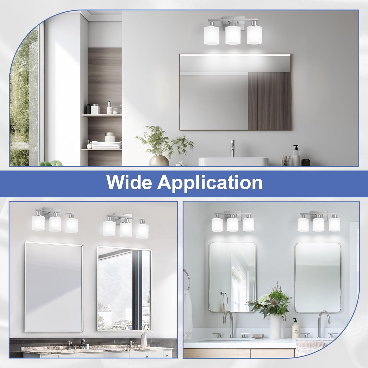 Sailstar Bathroom Light Fixtures, Modern 3 Lights Bathroom Lights over Mirror, E26 Standard Base, Glass Shade & Anti-rust Nickel Finished (Bulbs Not Included)