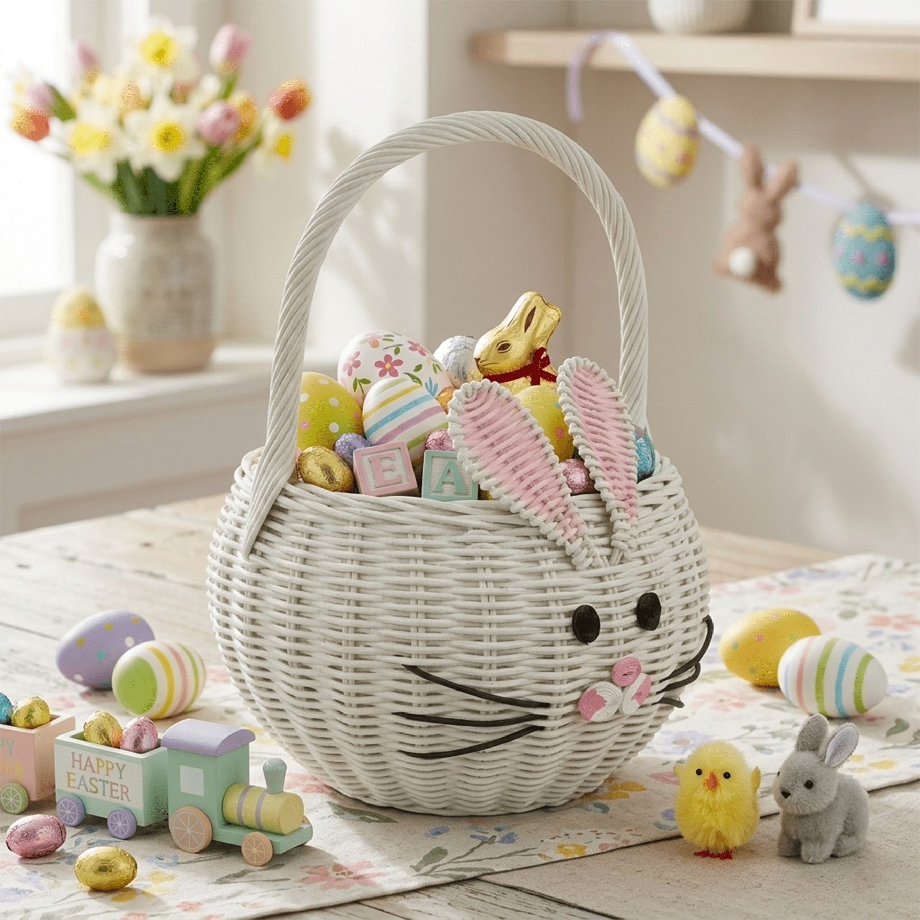 Large Hand Woven Bunny Rattan Wedding Flower Girl Basket Bin Home Decor Cute Handmade Handcrafted Nursery Gift Storage Easter Wicker Rabbit