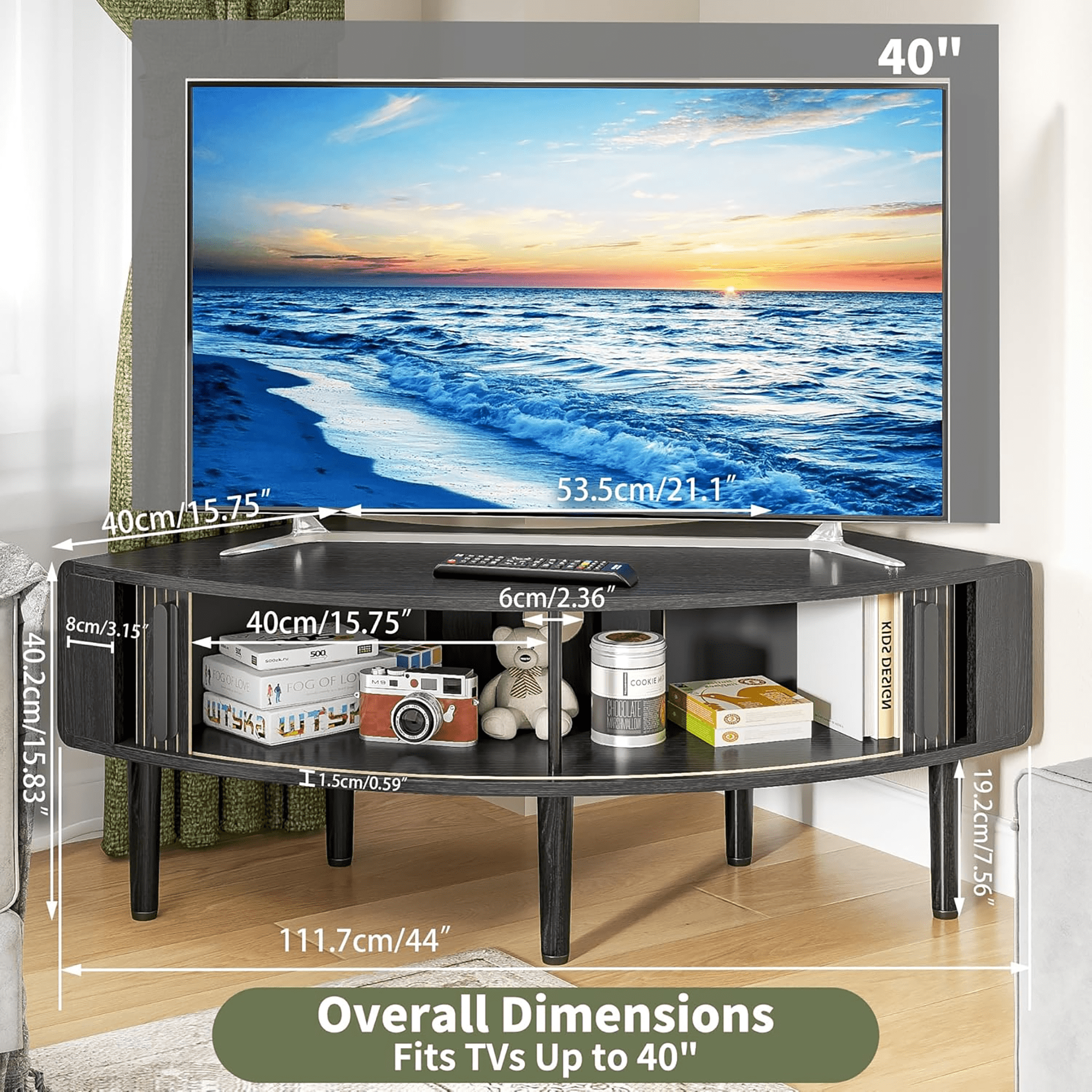 Corner TV Stand for 40 inch TV, Curved Corner Entertainment Center with Storage, Mid-Century Modern Media Console with Sliding Doors,for Living Room, Bedroom, Apartment, Black
