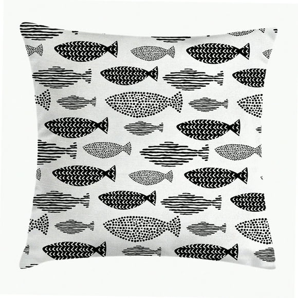 Minimalist Fish Dot Stripe Throw Pillow - Sea Animal Decorative Cushion Cover - Black White Square Accent Case - 16" X 16"