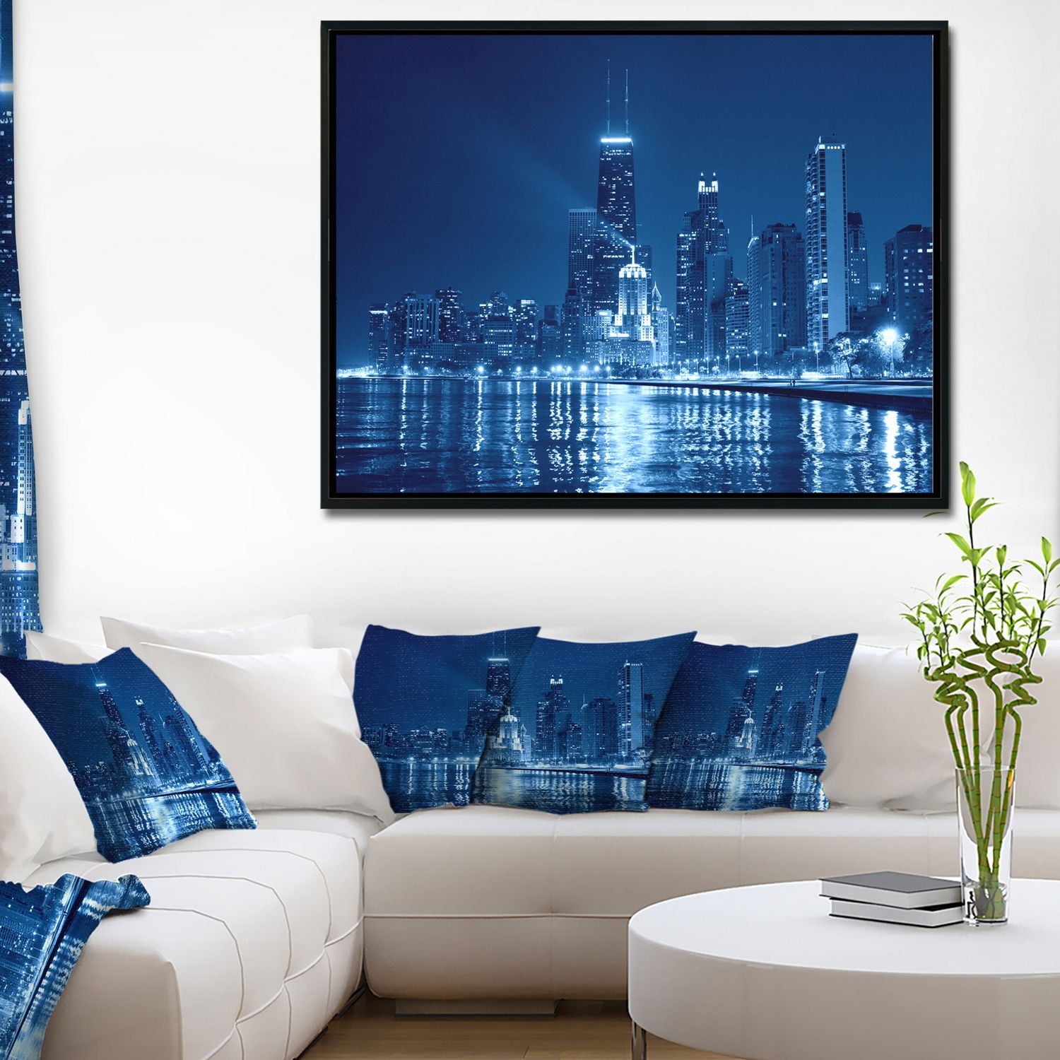 Design Art Blue Chicago Skyline Night Framed Canvas Art Print