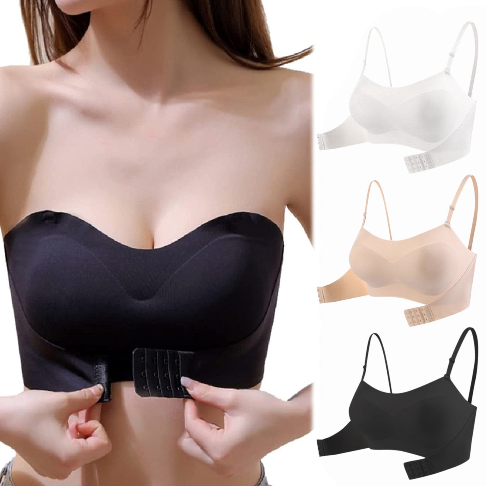 Exclare Lace Embroidery Wirefree Anti-slip Push Up Strapless Bra Women Hand  Shape Everyday Bras Custom Lift(Beige-Lace Black,38D）