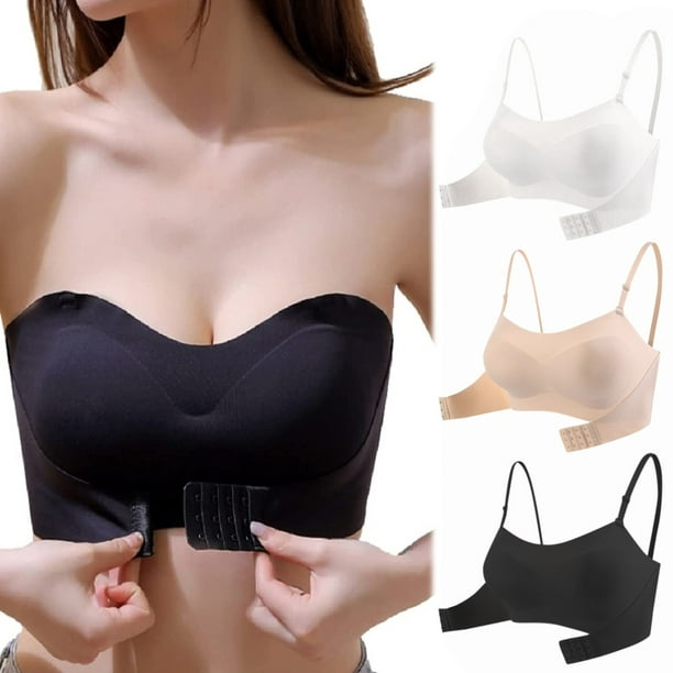 QunButy Accessory Intimates 3PCWomen Lingerie Strapless Front Buckle Lift  Bra Wire Free Slip Invisible Push Up Bandeau Bra 