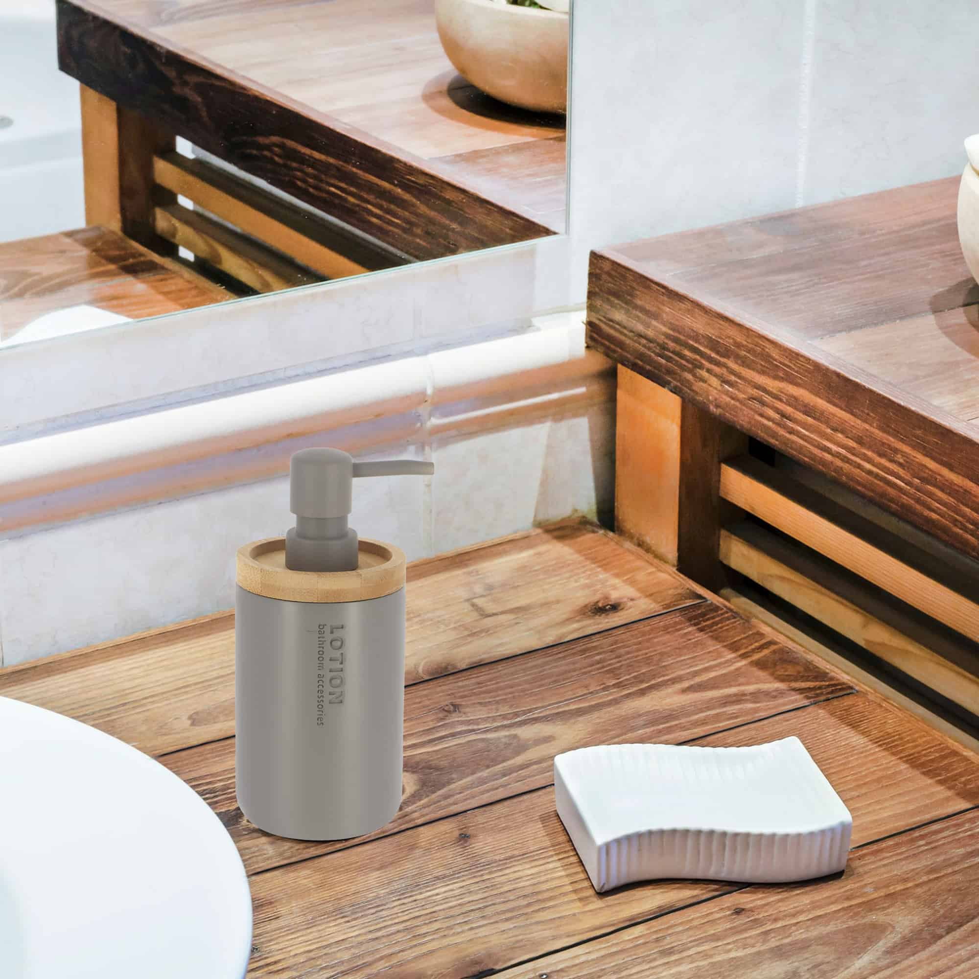 Modern Matte Gray Soap Dispenser with Natural Bamboo Accent - Polyresin Hand Lotion Pump, Contemporary Bathroom Accessory
