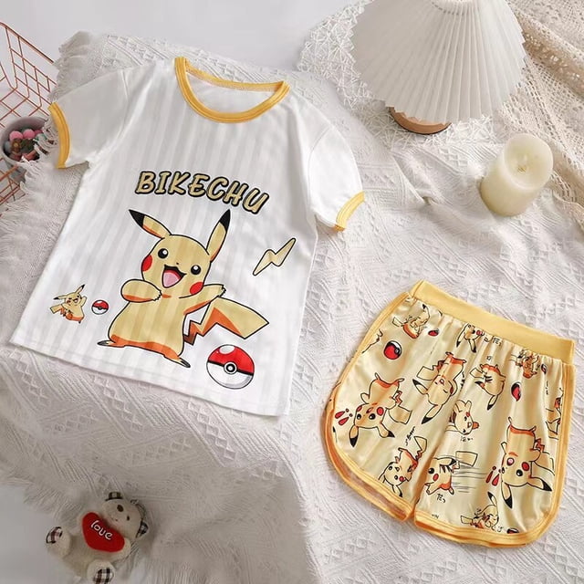 Conjunto de ropa de verano de Pokémon Pikachu para niños y niñas, camiseta de manga corta, pantalones cortos, chándal deportivo, conjuntos de pijamas qym unisex