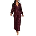 thumbnail image 2 of QATAINLAV Women's Casual Sparkly Jumpsuits Elegant Sequin Party Clubwear Long Sleeve Wrap Deep V Neck Jumpsuit Wide Leg One Piece Rompers Big Deal Days Wine S, 2 of 6