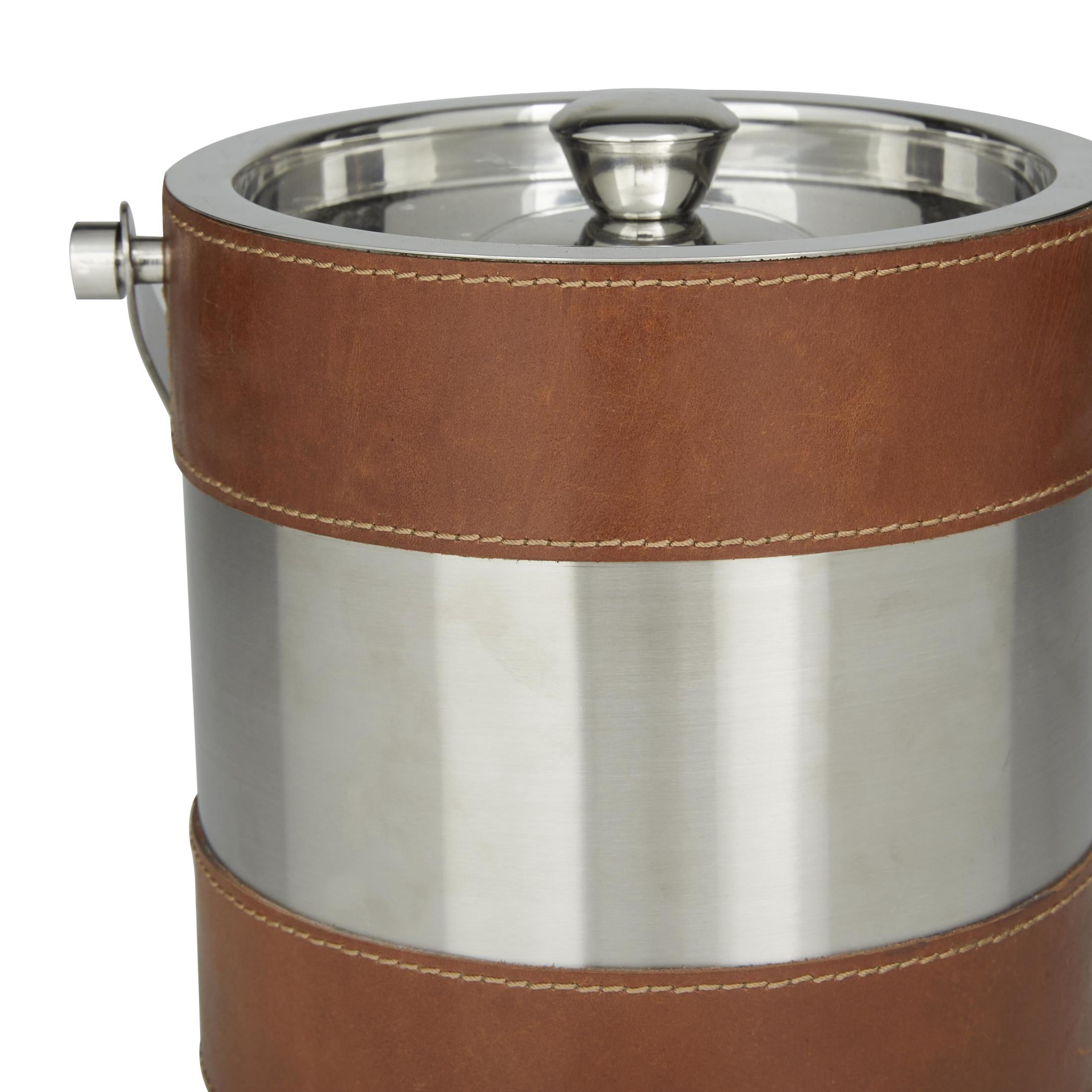 DecMode Round Leather Handmade Brown Ice Bucket with Lid