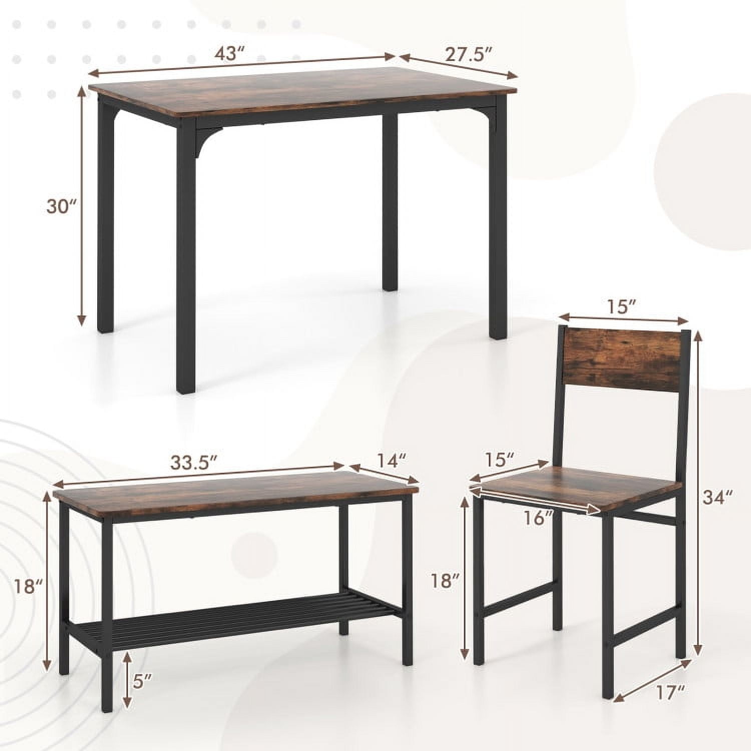 Demi Bonn Dining Set, Dining Table Set, 4 Pieces Rustic Dining Table Set with 2 Chairs and Bench, for Home, Restaurant, Rustic Brown