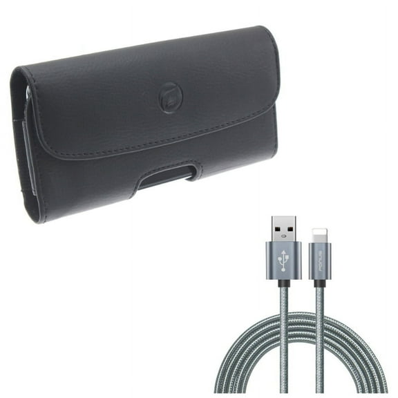 Leather Case Belt Clip w Charger Cord 10ft USB Cable for iPhone XS Max/8 PLUS/7 Plus/6S Plus/6 Plus - Holster Cover Loops Pouch Carry and Power Wire Braided Long Sync