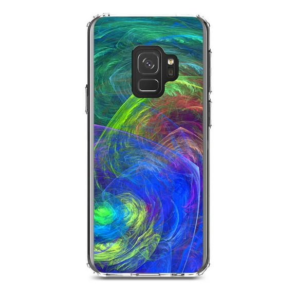 DistinctInk Clear Shockproof Hybrid Case for Samsung Galaxy S9 (5.8" Screen) - TPU Bumper, Acrylic Back, Tempered Glass Screen Protector - Abstract Color Light Swirl - Abstract Swirls