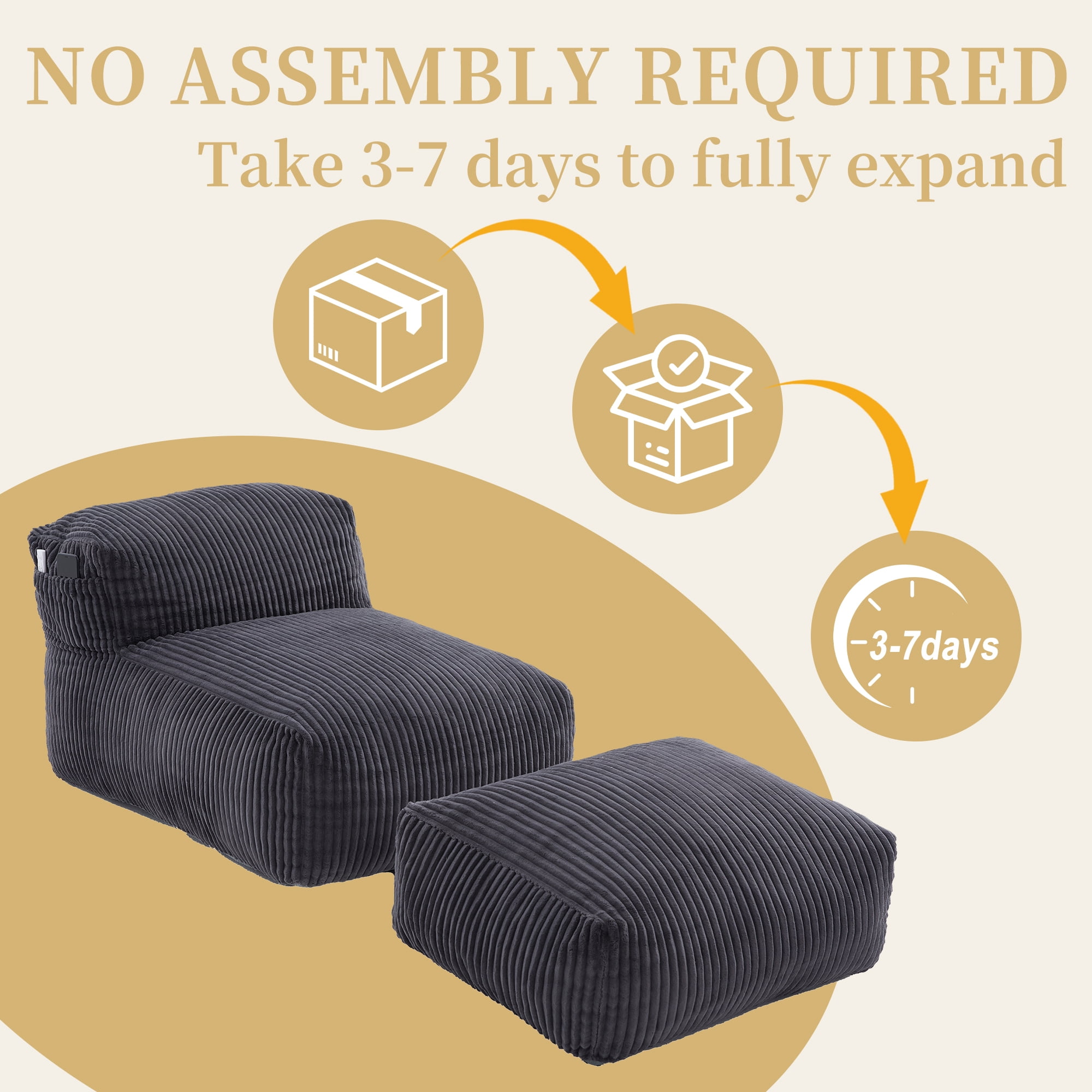 Avobird Big Bean Bag Chair, Lounger Large Bean Bag Sofa With ottoman, Memory Foam Filled Beanbag Chair for Living Room Bedroom, Ergonomic Support & Premium Com, Dark Gray